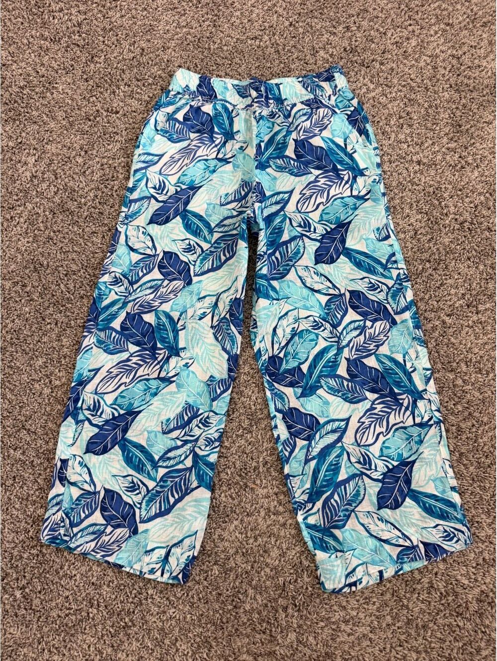 Sigrid Olsen 100% Linen Blue Tone Floral Semi-Sheer Pull On Pants Women's Size M